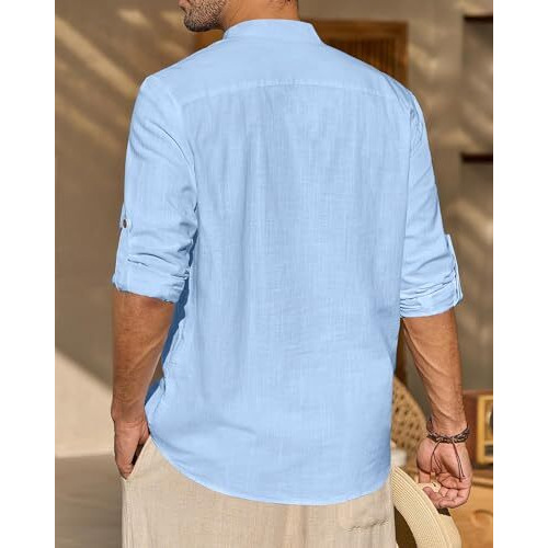 Zombom Men's Cotton Blend Solid Full Sleeve Short Kurta Shirt With Mandarin Collar Sky Blue