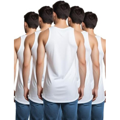 Cosco Fouji Men's Cotton Vest White [ Combo-Pack Of 5 ] L / 90 Cm | Sleeveless | Round Neck | Regular Fit