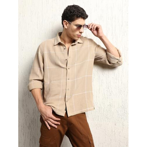 Hubberholme Men Summer Cotton Spread Collar Long Sleeves Oversized Casual Shirt 36 Beige