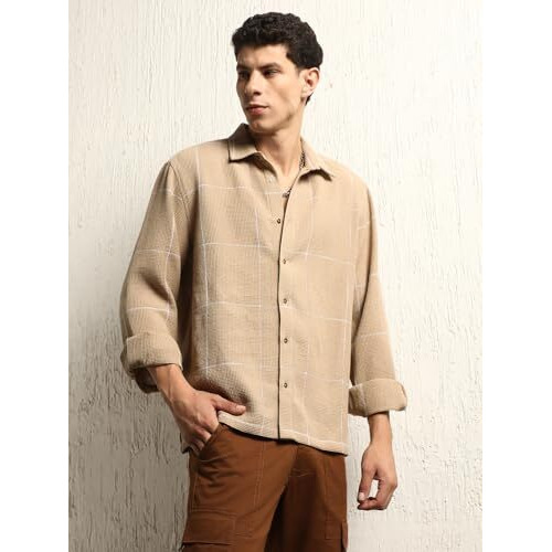 Hubberholme Men Summer Cotton Spread Collar Long Sleeves Oversized Casual Shirt 36 Beige
