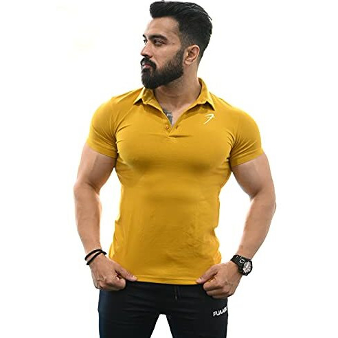 Fuaark Men's Slim Fit Polo T-Shirt (Mustard, Medium)