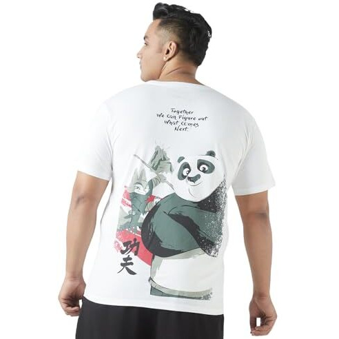 Bewakoof Plus Official Kung Fu Panda Merchandise Men's Graphic Print Regular Fit Half Sleeve Round Neck Cotton Plus Size T-Shirt_647043_White_5Xl