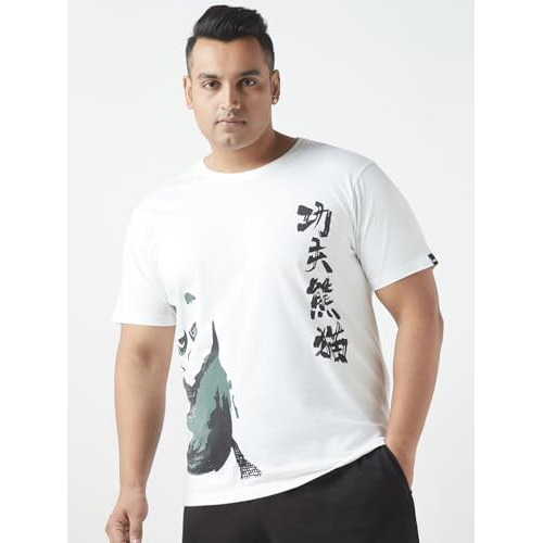 Bewakoof Plus Official Kung Fu Panda Merchandise Men's Graphic Print Regular Fit Half Sleeve Round Neck Cotton Plus Size T-Shirt_647043_White_5Xl
