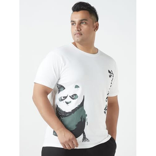 Bewakoof Plus Official Kung Fu Panda Merchandise Men's Graphic Print Regular Fit Half Sleeve Round Neck Cotton Plus Size T-Shirt_647043_White_5Xl