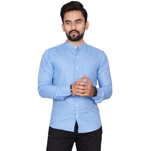 Voroxy Men Regular Fit Solid Mandarin Collar Casual Shirt (Mdrn_Babyblue_L_Babyblue_Large)