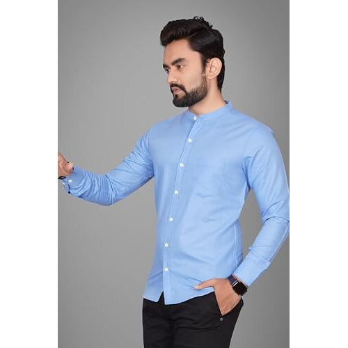 Voroxy Men Regular Fit Solid Mandarin Collar Casual Shirt (Mdrn_Babyblue_L_Babyblue_Large)