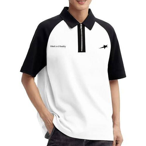 Jump Cuts Mens Ideal Printed Polo Neck Raglan Half Sleeve Half Zipper Black & White Cotton Blend Tshirt