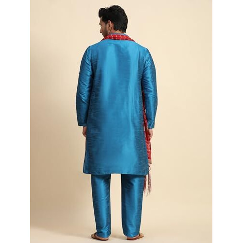 Amazon Brand - Anarva Men's Dupion Silk Embroidered Kurta Pajama Scarf Set Ethnic Motifs 3-Piece Festive Dress (Kp030Turquoise_Turquoise_Xl)