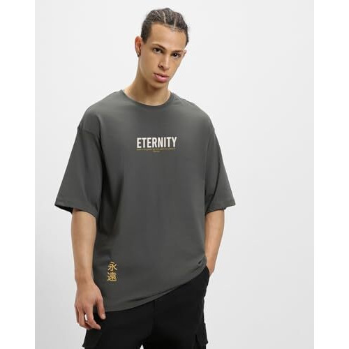 Bewakoof Men's Eternity Graphic Printed 100% Cotton T-Shirt - Oversized Fit, Round Neck, Half Sleeves_596129_Grey_L