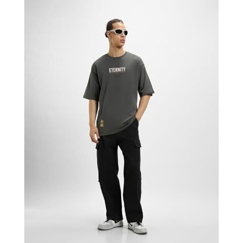 Bewakoof Men's Eternity Graphic Printed 100% Cotton T-Shirt - Oversized Fit, Round Neck, Half Sleeves_596129_Grey_L
