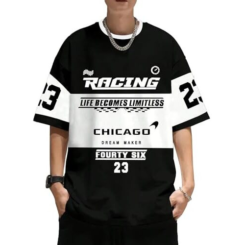 Jump Cuts Mens Racing Printed Round Neck Half Sleeve Black & White Cotton Blend Tshirt
