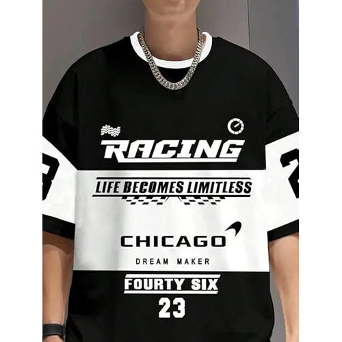 Jump Cuts Mens Racing Printed Round Neck Half Sleeve Black & White Cotton Blend Tshirt