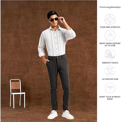 Saintx Men's Stretchable Casual Pants | Slant Pocket Chinos | Stylish Elastic Trousers (Slim Fit) Office Or Party | Fashion Trouser With Expandable Waistband & Anti-Slip Gripper (Saintr03_Dk Grey_34)