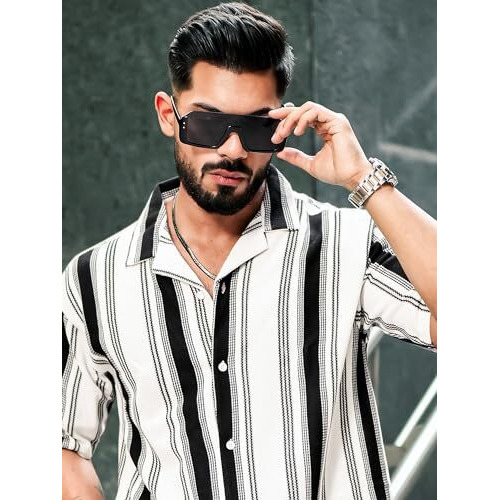 Maniac Mens Barcode Stripes Half Sleeve Black And White Honeycomb Fabric Shirt