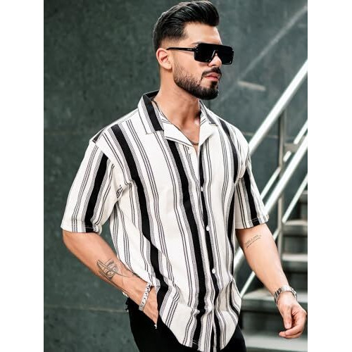 Maniac Mens Barcode Stripes Half Sleeve Black And White Honeycomb Fabric Shirt