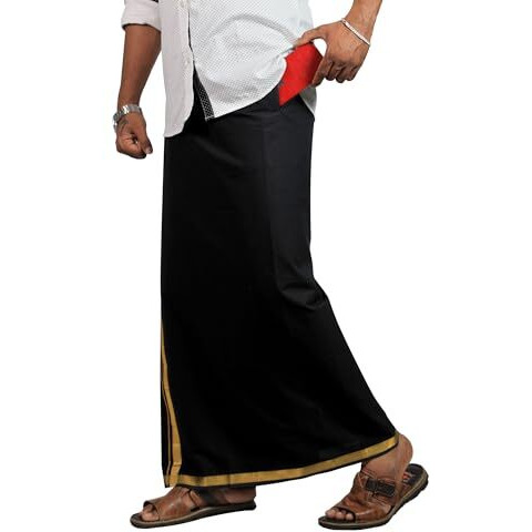 Prakasam Cotton Mens Black Colour Jari Cotton Flexi Size Welcro Pocket Dhoti (Jari-Black)-Medium