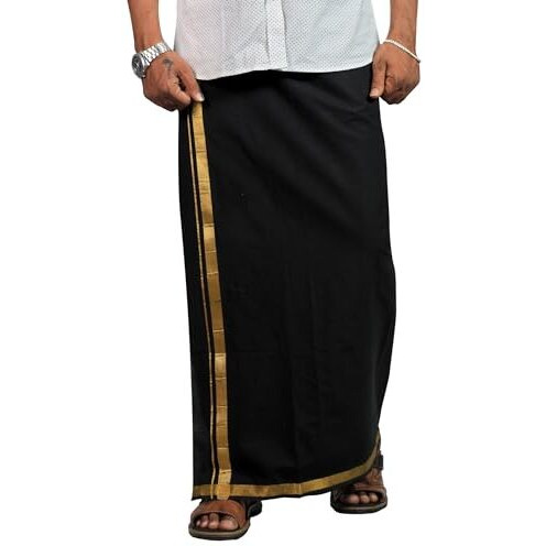 Prakasam Cotton Mens Black Colour Jari Cotton Flexi Size Welcro Pocket Dhoti (Jari-Black)-Medium