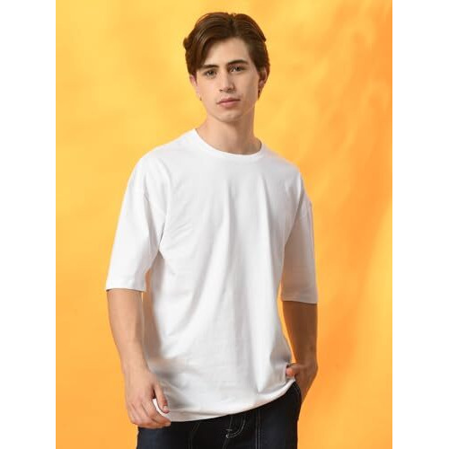 Fitinc Oversized Cotton T Shirt For Man | Half Sleeve Comfortable Crew Neck Drop Shoulder Tshirt For Men - White, Large