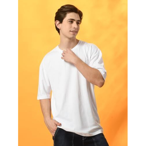 Fitinc Oversized Cotton T Shirt For Man | Half Sleeve Comfortable Crew Neck Drop Shoulder Tshirt For Men - White, Large