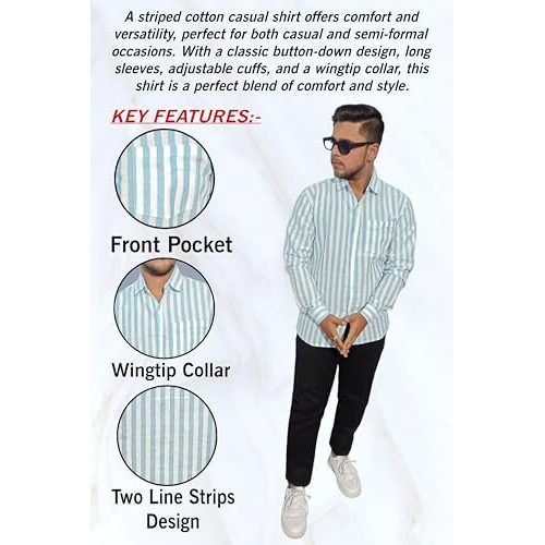 Men's Khadi Cotton Blend Full Sleeve Casual And Semi Formal Striped Shirt (In, Alpha, Xl, Regular, Blue)