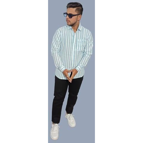 Men's Khadi Cotton Blend Full Sleeve Casual And Semi Formal Striped Shirt (In, Alpha, Xl, Regular, Blue)