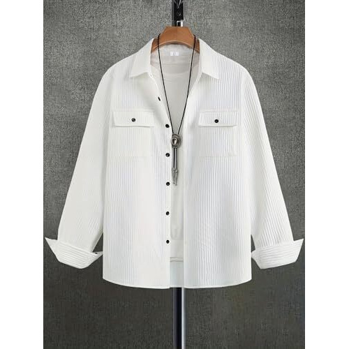Shasmi Men's Stylish Ribbed Long Sleeve Button-Down Shirt, Breathable, Comfortable, And Versatile With Flap Pockets And Buttoned Lapel Shirt For Men (M Shirt 154 White Xl)