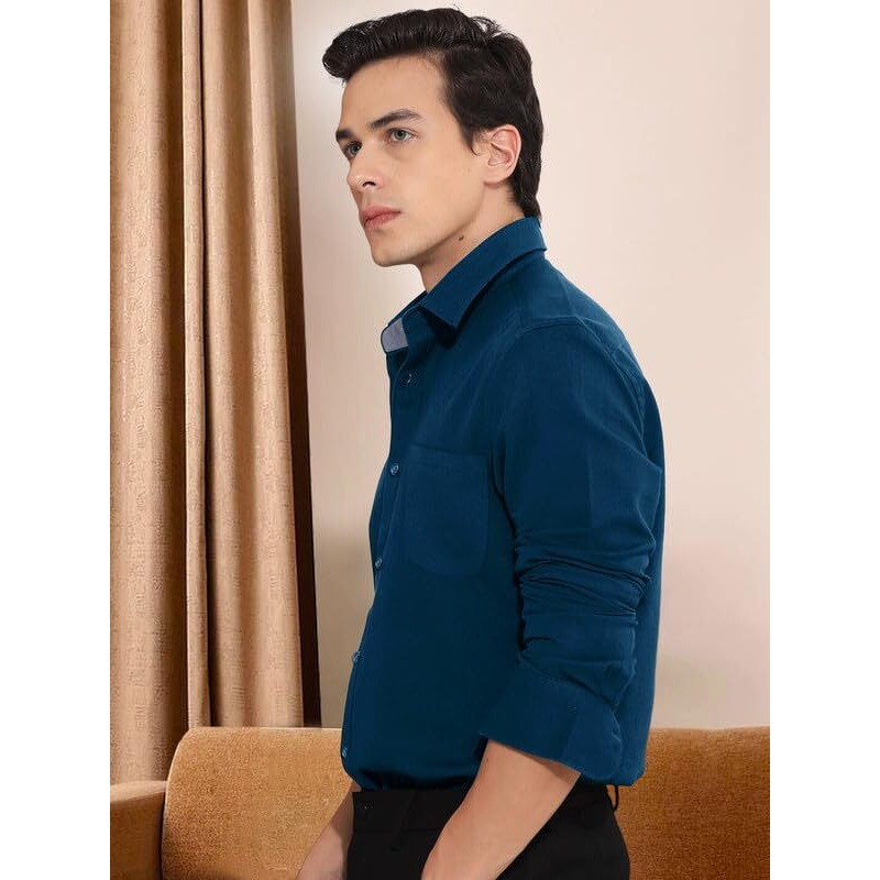 Pinkmint Cotton Men's Shirt L Soild Casual Shirt L Long Sleeve Office Wear Shirt L Spread Collar Regular Fit Shirt Teal