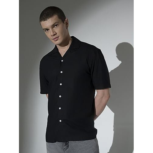 Hubberholme Men's Rayon Relaxed Fit Half Sleeve Resort Shirt (Black, 44)