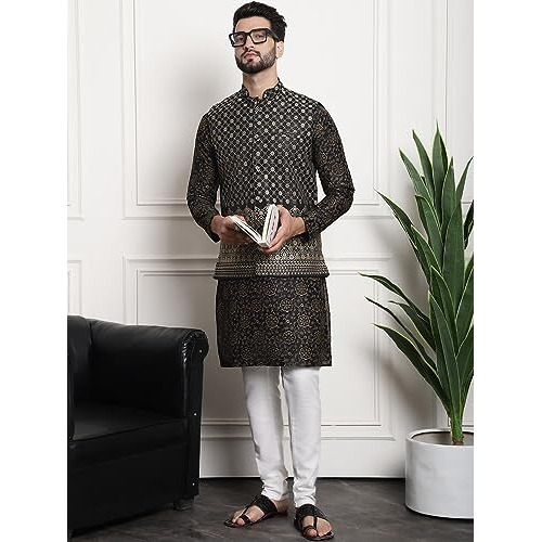 Sojanya (Since 1958 Men's Silk Blend Print Black Kurta And Cream Pyjama With Black Nehru Jacket