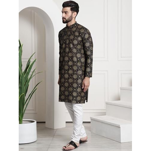 Sojanya (Since 1958 Men's Silk Blend Print Black Kurta And Cream Pyjama With Black Nehru Jacket