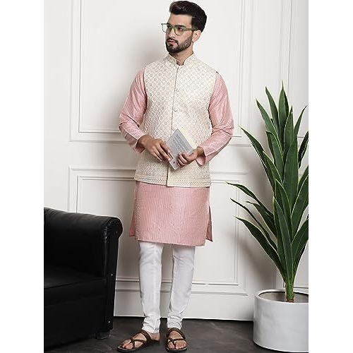 Sojanya (Since 1958 Men's Silk Blend Pink Kurta And Off-White Pyjama With Cream Nehru Jacket