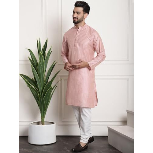 Sojanya (Since 1958 Men's Silk Blend Pink Kurta And Off-White Pyjama With Cream Nehru Jacket