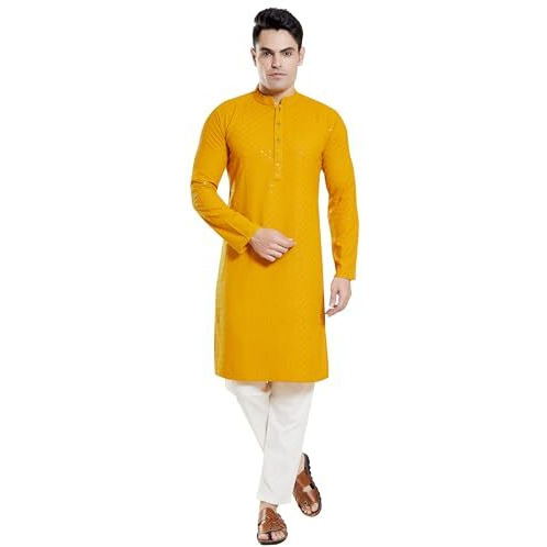 Divisive Men's Sequince Embroidered Cotton Blend Only Slim Fit Kurta (Dkrt135_Xxxl_Yellow)