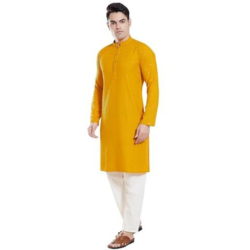 Divisive Men's Sequince Embroidered Cotton Blend Only Slim Fit Kurta (Dkrt135_Xxxl_Yellow)