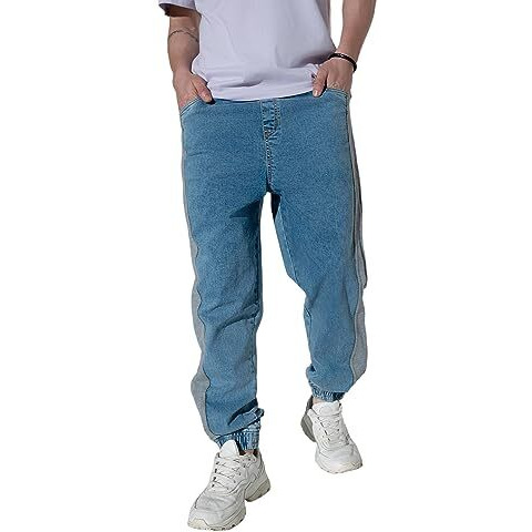 Hubberholme Men's Contrast Panel Loose Fit Jogger Jeans (Light Blue, 34)