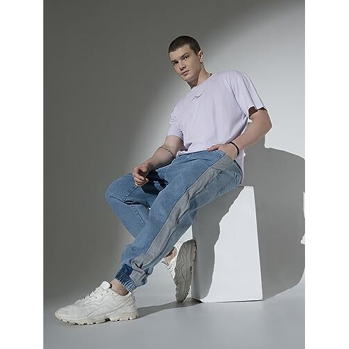 Hubberholme Men's Contrast Panel Loose Fit Jogger Jeans (Light Blue, 34)