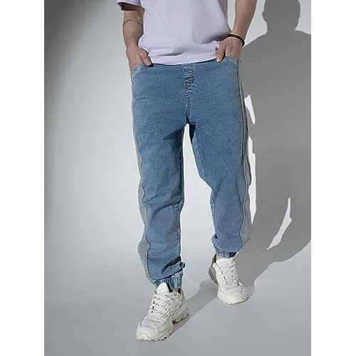 Hubberholme Men's Contrast Panel Loose Fit Jogger Jeans (Light Blue, 34)
