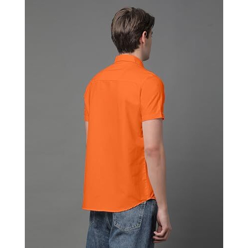 Voroxy Men Regular Fit Soild Spread Collar Casual Shirt (Hs_35001_Orange_Xl_Orange_X-Large)