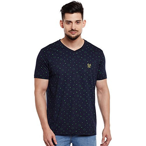 Mack Jonney Printed Navy V Neck Cotton Tshirt For Men(Pack Of 1)-Vee-Print-No.1-01-Nvy-Xl