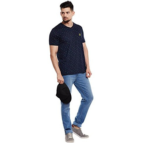 Mack Jonney Printed Navy V Neck Cotton Tshirt For Men(Pack Of 1)-Vee-Print-No.1-01-Nvy-Xl