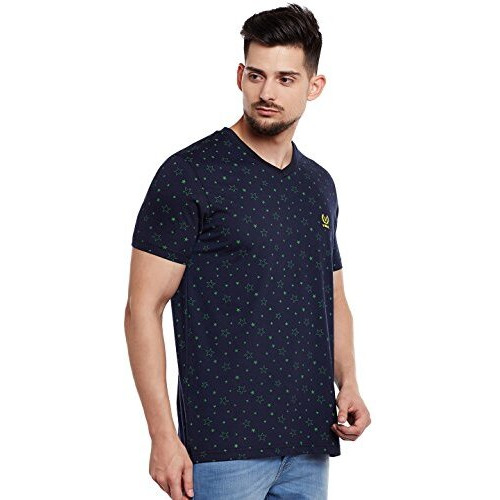 Mack Jonney Printed Navy V Neck Cotton Tshirt For Men(Pack Of 1)-Vee-Print-No.1-01-Nvy-Xl