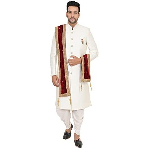 Sneh Men's Velvet Sherwani Dupatta With Stone Work And Tassels (Maroon,Free Size)