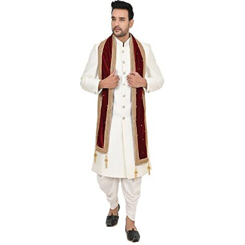 Sneh Men's Velvet Sherwani Dupatta With Stone Work And Tassels (Maroon,Free Size)