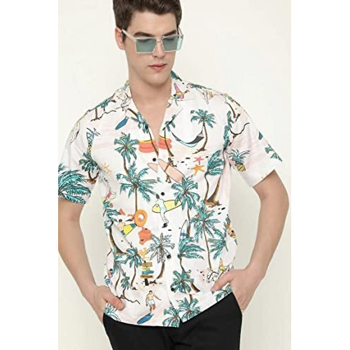 Leriya Fashion Shirt For Men | Rayon Multi Printed Shirt Sleeves Shirts | Cool Shirt For Men | Beach Shirts For Men | Hawaiian Shirt | Vacation | Summer Shirts For Men (Large, Sky)