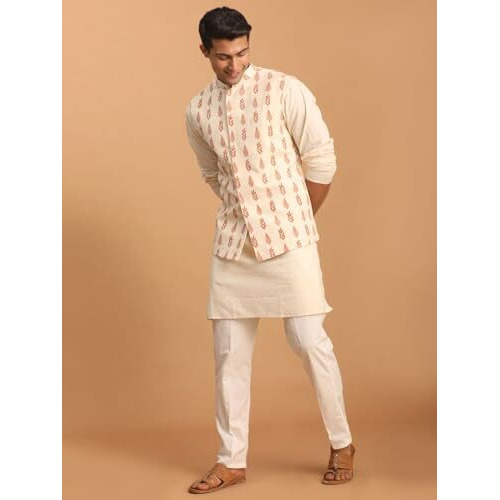 Vastramay Leaf Pattern Cotton Nehru Jacket With Kurta And Pyjama Set  Elegant Ethnic Wear For Men
