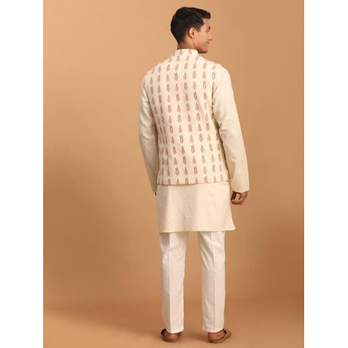 Vastramay Leaf Pattern Cotton Nehru Jacket With Kurta And Pyjama Set  Elegant Ethnic Wear For Men