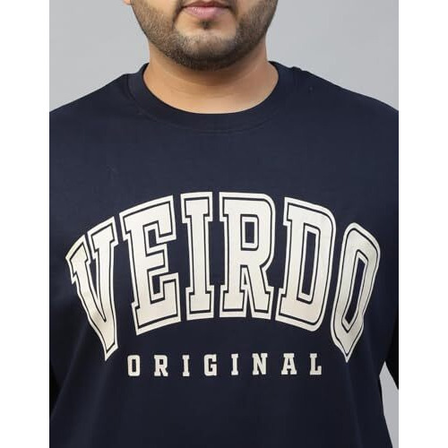 Veirdo 100% Pure Cotton Oversized Fit Drop Shoulder Aesthetic Front Chest Typographic Printed T-Shirt For Men (Vd_Ps_Vdorgnl_Nvy_5Xl)
