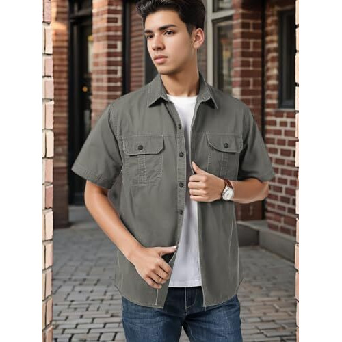 Smowkly Men's Casual Solid Printed Cotton Regular Fit Shirt || Half Sleeve, Button Down, Double Front Pocket || Denim Shacket Style Fashionable Western Outfit (1652_Gry_2Xl)