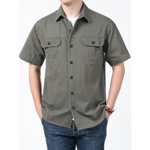 Smowkly Men's Casual Solid Printed Cotton Regular Fit Shirt || Half Sleeve, Button Down, Double Front Pocket || Denim Shacket Style Fashionable Western Outfit (1652_Gry_2Xl)