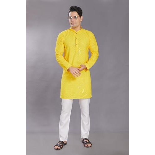 Divisive Men's Sequince Embroidered Cotton Blend Only Slim Fit Kurta (Dkrt571_L_Yellow)